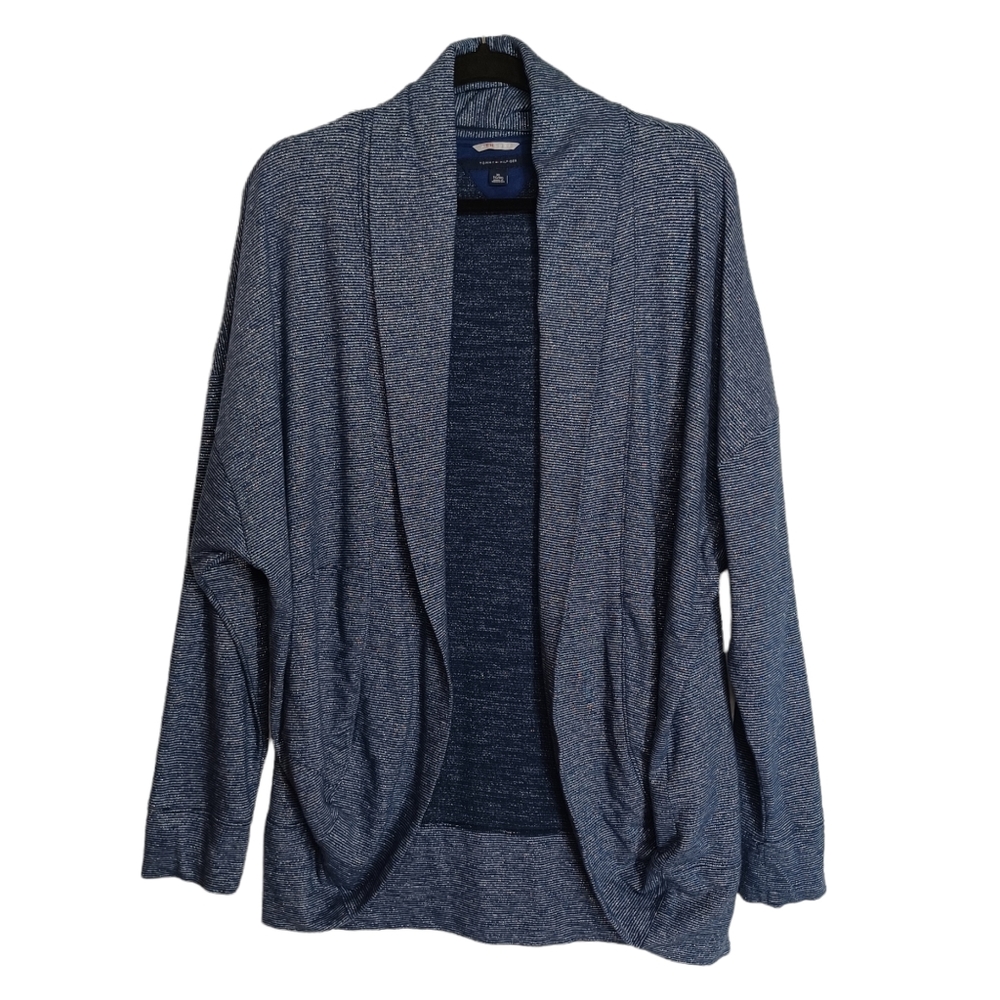 TOMMY HILFIGER Athluxe Blue Silver Shimmer Thin Stripe Open CardigaS Shawl